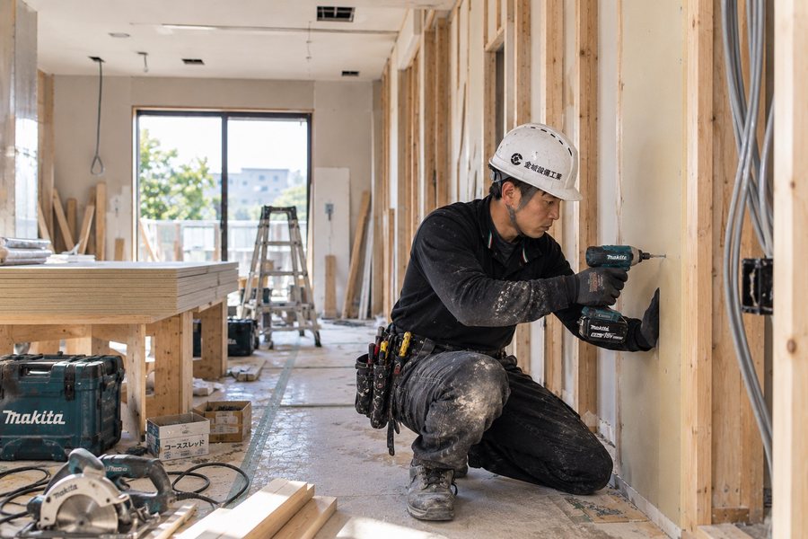 内装の下地にドリルで施工する職人