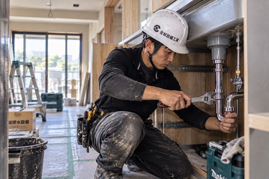 キッチンのシンク下で給排水の配管を直す職人